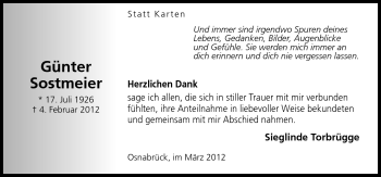 Traueranzeige von Günter Sostmeier von Neue Osnabrücker Zeitung GmbH & Co. KG