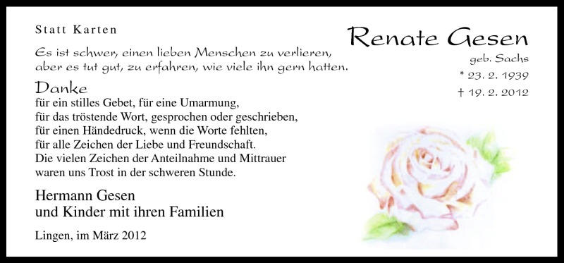  Traueranzeige für Renate Gesen vom 31.03.2012 aus Neue Osnabrücker Zeitung GmbH & Co. KG