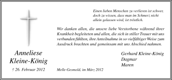 Traueranzeige von Anneliese Kleine-König von Neue Osnabrücker Zeitung GmbH & Co. KG