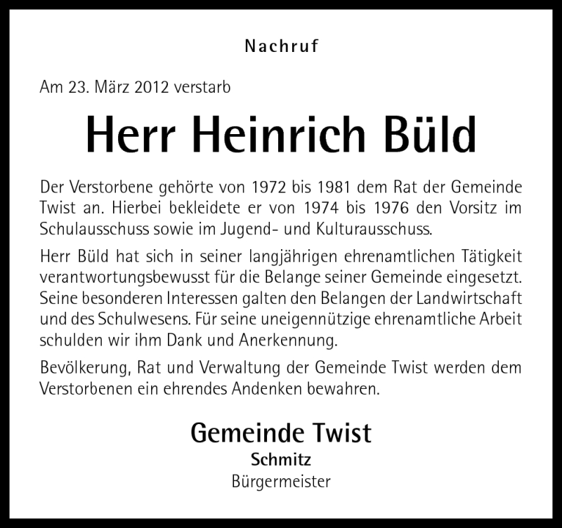  Traueranzeige für Heinrich Büld vom 31.03.2012 aus Neue Osnabrücker Zeitung GmbH & Co. KG