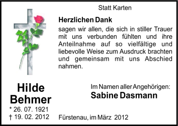 Traueranzeige von Hilde Behmer von Neue Osnabrücker Zeitung GmbH & Co. KG