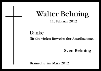 Traueranzeige von Walter Behning von Neue Osnabrücker Zeitung GmbH & Co. KG