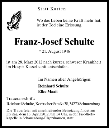 Traueranzeige von Franz-Josef Schulte von Neue Osnabrücker Zeitung GmbH & Co. KG
