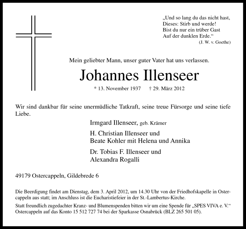  Traueranzeige für Johannes Illenseer vom 31.03.2012 aus Neue Osnabrücker Zeitung GmbH & Co. KG