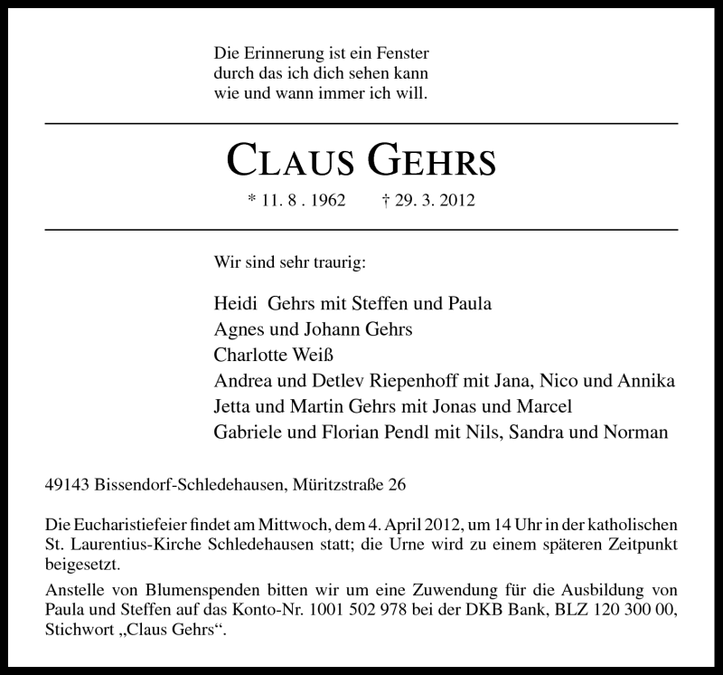  Traueranzeige für Claus Gehrs vom 31.03.2012 aus Neue Osnabrücker Zeitung GmbH & Co. KG