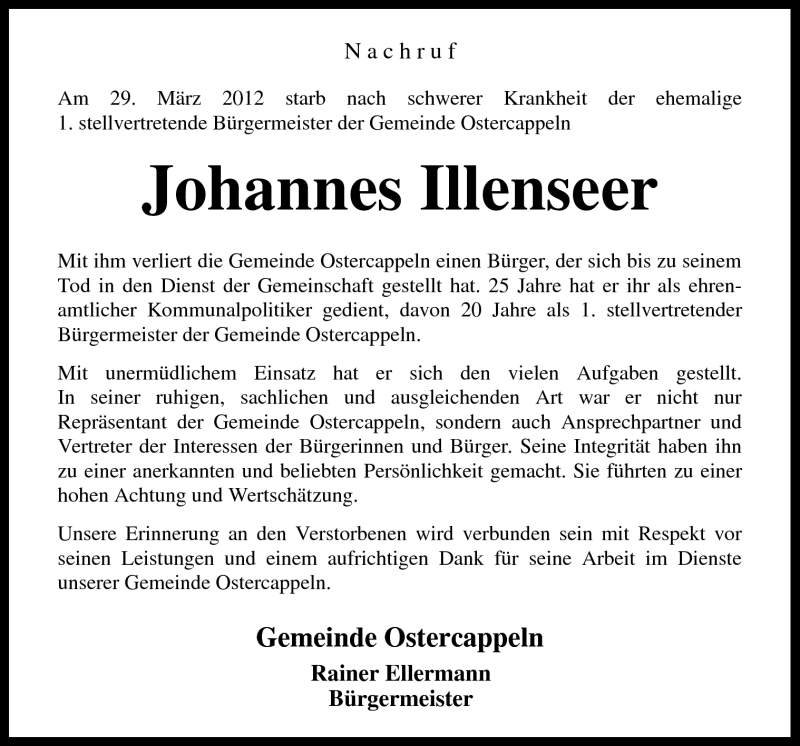  Traueranzeige für Johannes Illenseer vom 31.03.2012 aus Neue Osnabrücker Zeitung GmbH & Co. KG