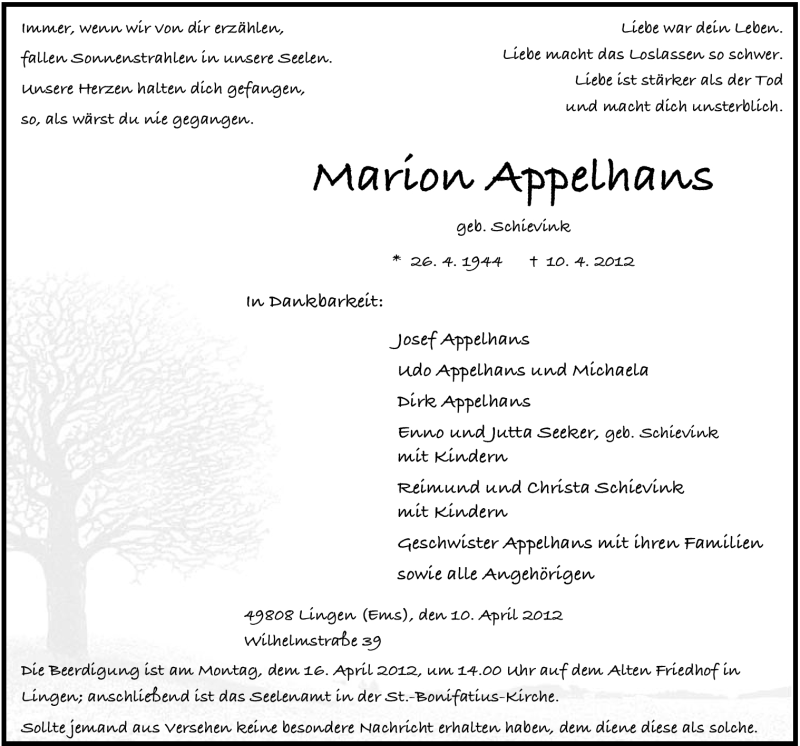  Traueranzeige für Marion Appelhans vom 13.04.2012 aus Neue Osnabrücker Zeitung