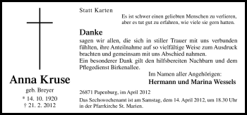 Traueranzeige von Anna Kruse von Neue Osnabrücker Zeitung