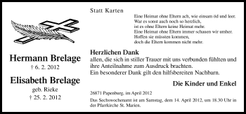 Traueranzeige von Hermann Brelage von Neue Osnabrücker Zeitung