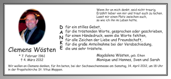 Traueranzeige von Clemens Wösten von Neue Osnabrücker Zeitung GmbH & Co. KG