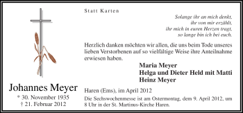 Traueranzeige von Johannes Meyer von Neue Osnabrücker Zeitung