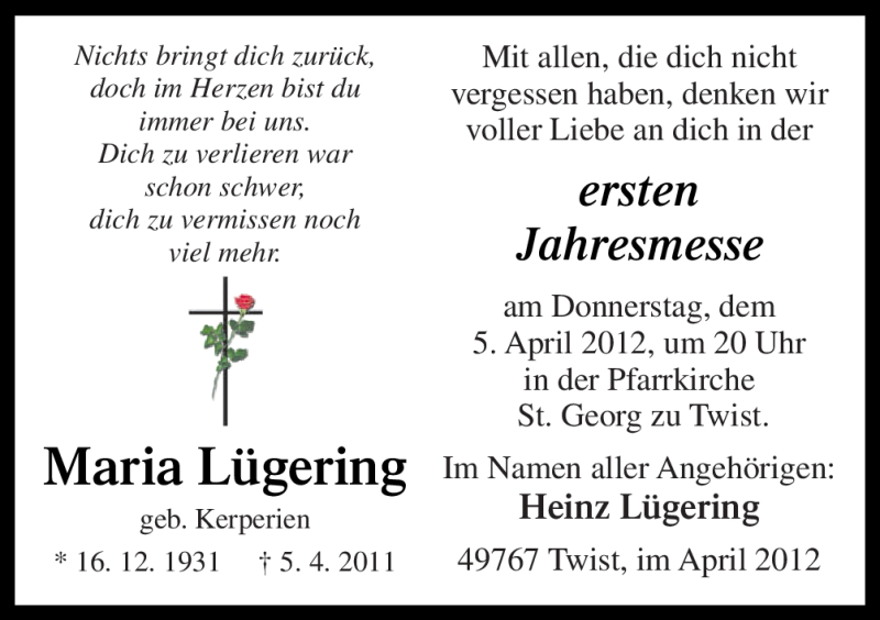  Traueranzeige für Maria Lügering vom 03.04.2012 aus Neue Osnabrücker Zeitung