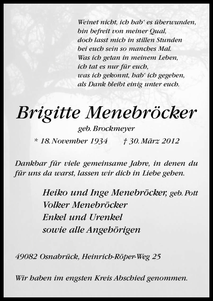  Traueranzeige für Brigitte Menebröcker vom 07.04.2012 aus Neue Osnabrücker Zeitung