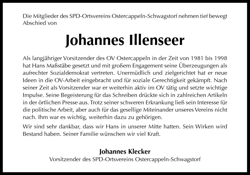  Traueranzeige für Johannes Illenseer vom 02.04.2012 aus Neue Osnabrücker Zeitung GmbH & Co. KG