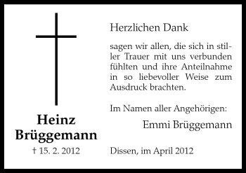 Traueranzeige von Heinz Brüggemann von Neue Osnabrücker Zeitung GmbH & Co. KG