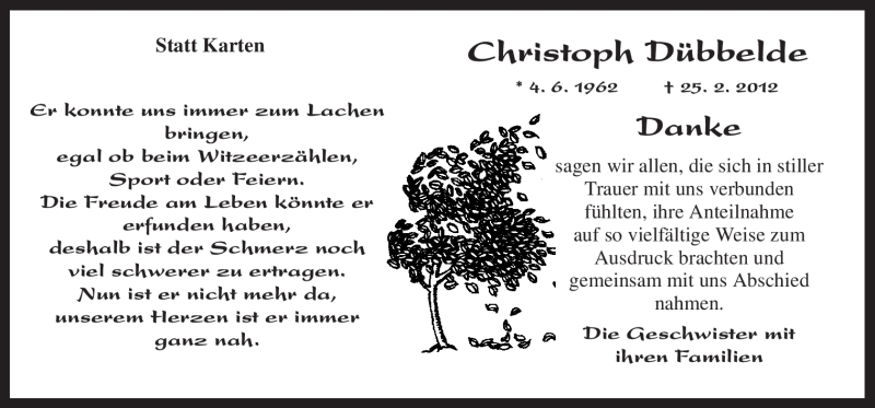  Traueranzeige für Christoph Dübbelde vom 07.04.2012 aus Neue Osnabrücker Zeitung