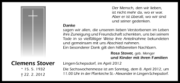 Traueranzeige von Clemens Stover von Neue Osnabrücker Zeitung