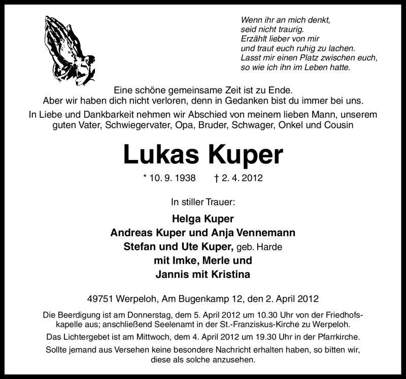  Traueranzeige für Lukas Kuper vom 04.04.2012 aus Neue Osnabrücker Zeitung
