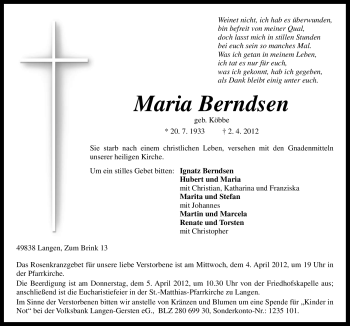 Traueranzeige von Maria Berndsen von Neue Osnabrücker Zeitung