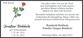 Traueranzeige von Josefine Birkholz von Neue Osnabrücker Zeitung