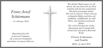 Traueranzeige von Franz-Josef Schürmann von Neue Osnabrücker Zeitung