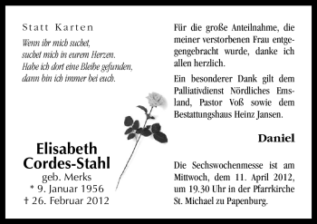 Traueranzeige von Elisabeth Cordes-Stahl von Neue Osnabrücker Zeitung