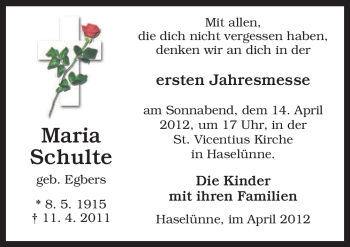 Traueranzeige von Maria Schulte von Neue Osnabrücker Zeitung