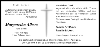 Traueranzeige von Margaretha Albers von Neue Osnabrücker Zeitung