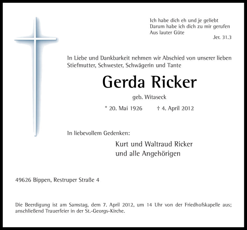  Traueranzeige für Gerda Ricker vom 05.04.2012 aus Neue Osnabrücker Zeitung