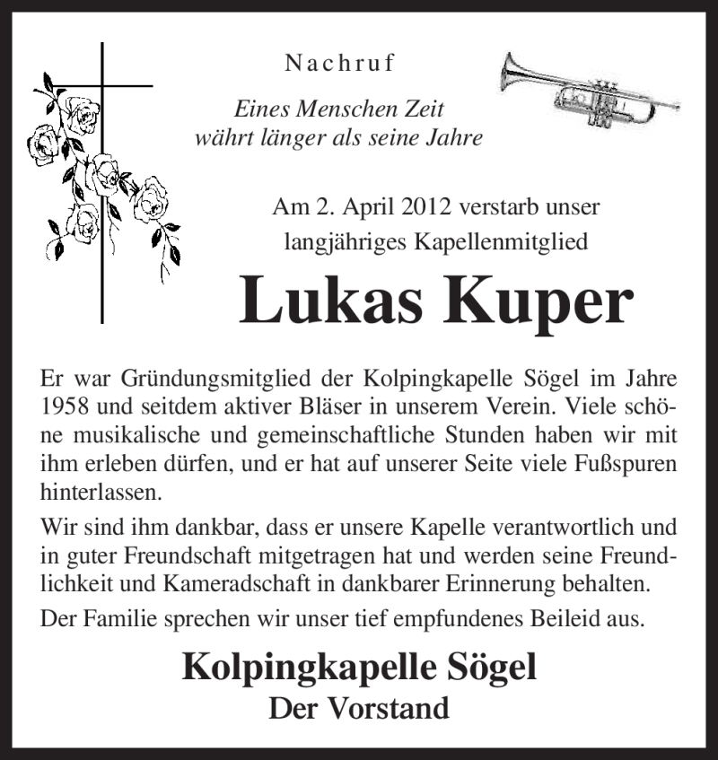  Traueranzeige für Lukas Kuper vom 05.04.2012 aus Neue Osnabrücker Zeitung
