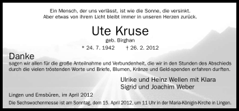 Traueranzeige von Ute Kruse von Neue Osnabrücker Zeitung