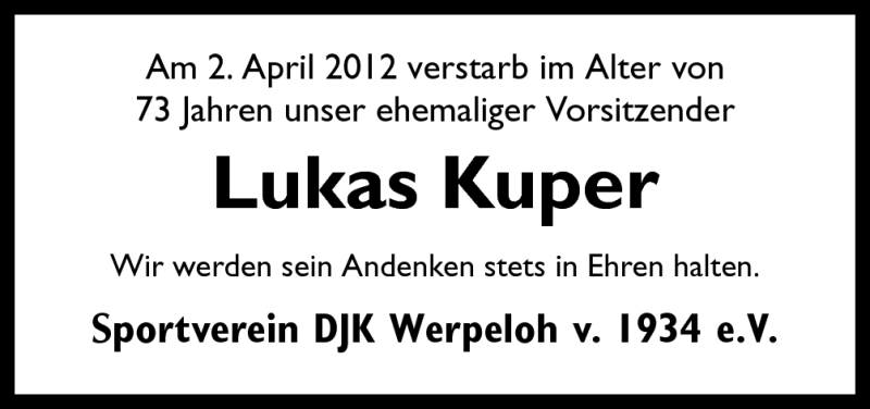  Traueranzeige für Lukas Kuper vom 07.04.2012 aus Neue Osnabrücker Zeitung GmbH & Co. KG