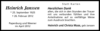 Traueranzeige von Heinrich Janssen von Neue Osnabrücker Zeitung GmbH & Co. KG