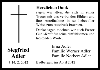 Traueranzeige von Siegfried Adler von Neue Osnabrücker Zeitung GmbH & Co. KG