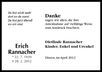 Traueranzeige von Erich Rannacher von Neue Osnabrücker Zeitung GmbH & Co. KG
