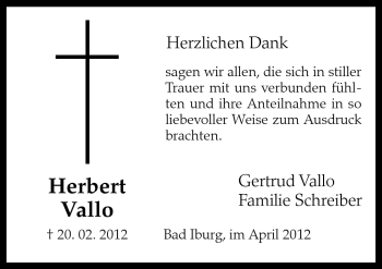 Traueranzeige von Herbert Vallo von Neue Osnabrücker Zeitung GmbH & Co. KG