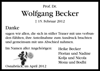Traueranzeige von Wolfgang Becker von Neue Osnabrücker Zeitung GmbH & Co. KG