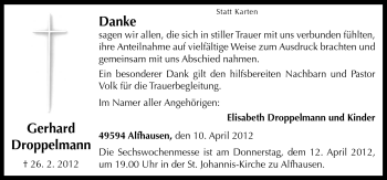 Traueranzeige von Gerhard Droppelmann von Neue Osnabrücker Zeitung GmbH & Co. KG