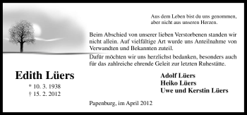 Traueranzeige von Edith Lüers von Neue Osnabrücker Zeitung