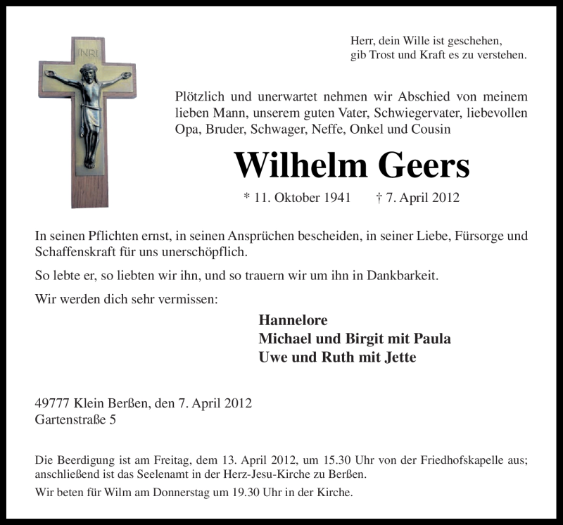  Traueranzeige für Wilhelm Geers vom 11.04.2012 aus Neue Osnabrücker Zeitung