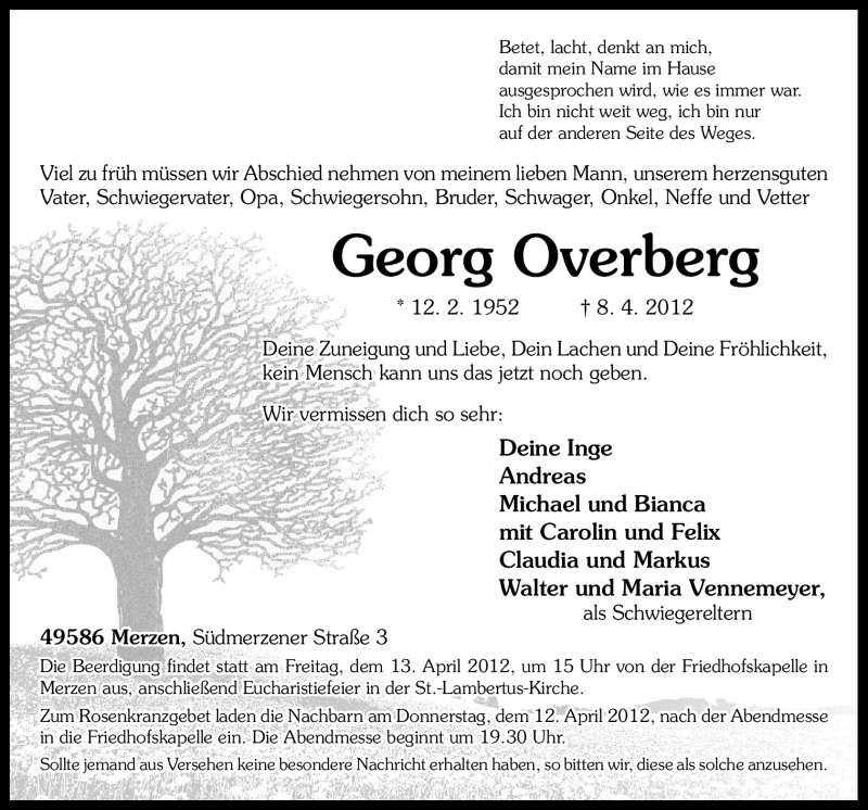  Traueranzeige für Georg Overberg vom 11.04.2012 aus Neue Osnabrücker Zeitung