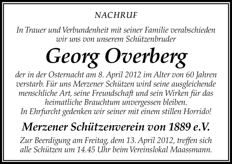  Traueranzeige für Georg Overberg vom 11.04.2012 aus Neue Osnabrücker Zeitung