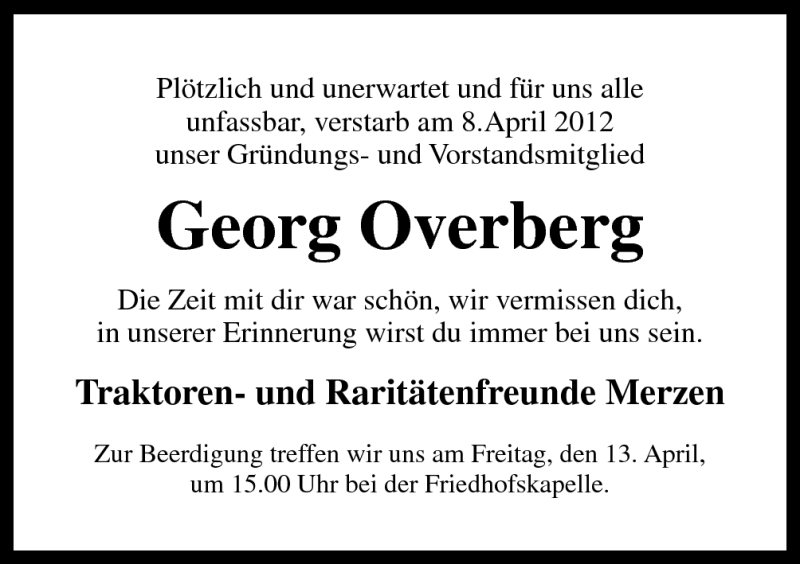  Traueranzeige für Georg Overberg vom 12.04.2012 aus Neue Osnabrücker Zeitung GmbH & Co. KG