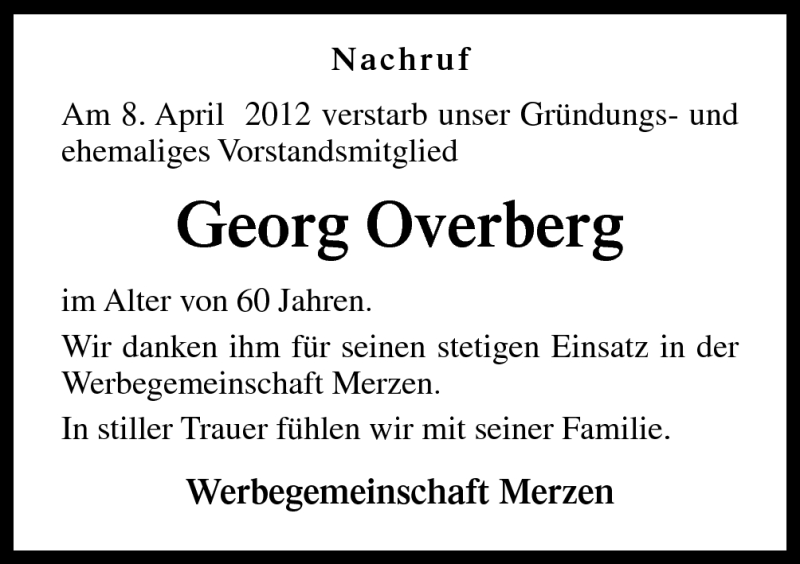  Traueranzeige für Georg Overberg vom 12.04.2012 aus Neue Osnabrücker Zeitung GmbH & Co. KG