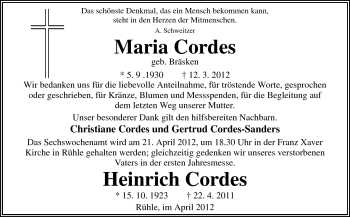 Traueranzeige von Maria Cordes von Neue Osnabrücker Zeitung GmbH & Co. KG