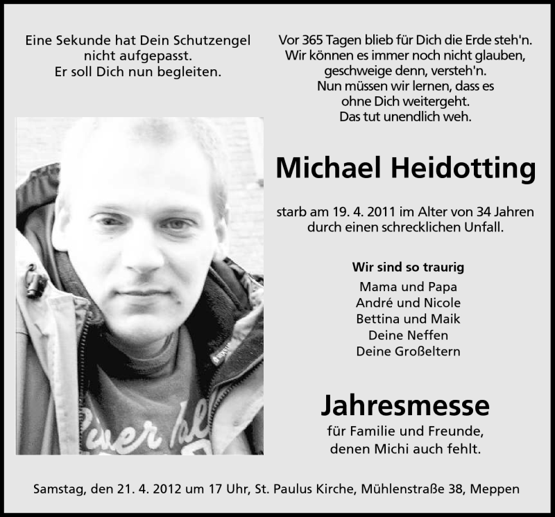  Traueranzeige für Michael Heidotting vom 17.04.2012 aus Neue Osnabrücker Zeitung GmbH & Co. KG
