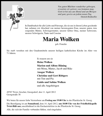 Traueranzeige von Maria Wolken von Neue Osnabrücker Zeitung GmbH & Co. KG