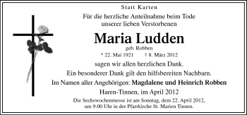 Traueranzeige von Maria Ludden von Neue Osnabrücker Zeitung GmbH & Co. KG