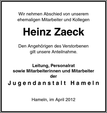 Traueranzeige von Heinz Zaeck von Neue Osnabrücker Zeitung GmbH & Co. KG