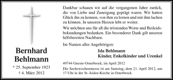Traueranzeige von Bernhard Behlmann von Neue Osnabrücker Zeitung GmbH & Co. KG